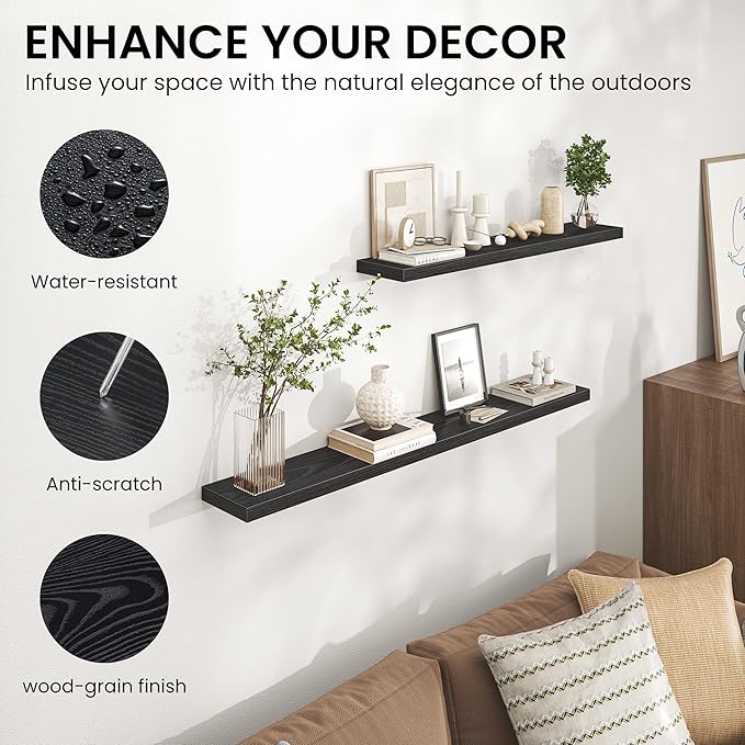 Heimlove 36 Inch Floating Shelves for Wall,Mounted Storage & Display Wood Shelves with Invisible Brackets,Hanging Shelf for Bedroom Living Room Kitchen Office,Set of 2,Black
