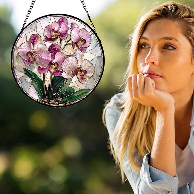 Stained Glass Window Hanging - Pink Purple Phalaenopsis Flowers Sun Catcher for Door Home Decor Plant Suncatcher Christmas Mother's Day Birthday Gifts for Women Men Mom Nana 15 in