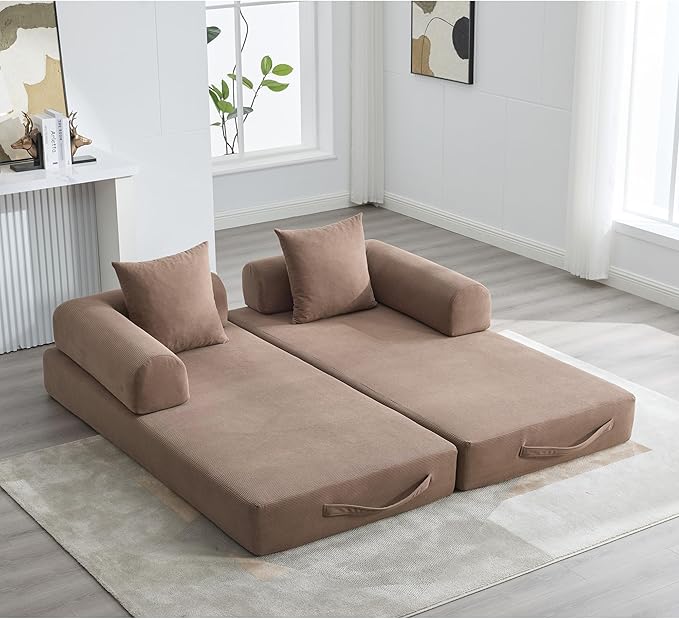 Convertible Folding Mattress Couch, Comfy Corduroy Sleeper Floor Sofa Bed with Fixed-Shape Frame, Floor Sofa with Armrest, Lounge Couch for Living Room Bedroom Lounge Studio,Brown