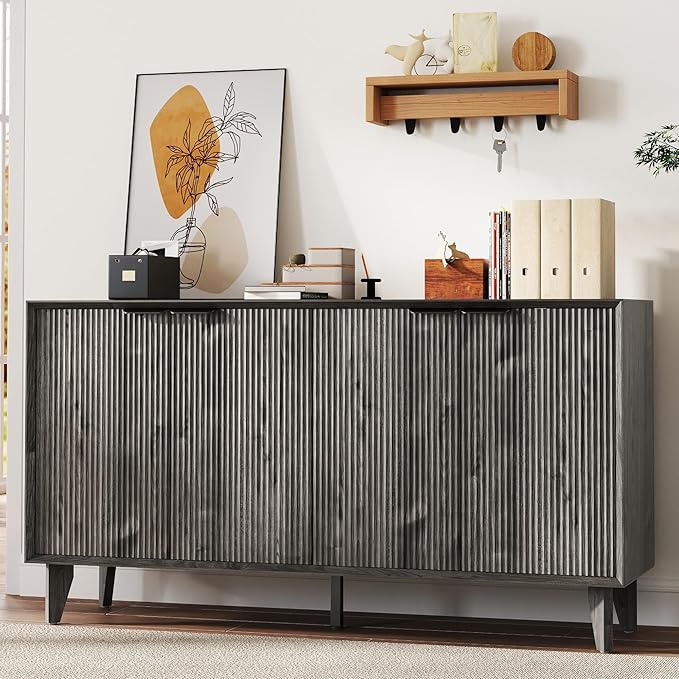 Fluted Cabinet with Storage, Buffet Storage with 4 Doors, Buffet Sideborad Accent Cabinet with Adjustable Shelves for Living Room, Kitchen, Entry, Hallway, Black&Grey