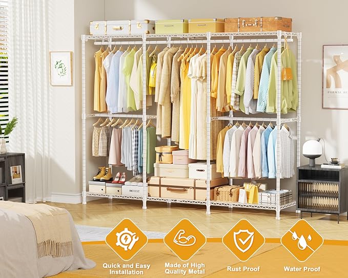 E14 Heavy Duty Clothes Rack，Freestanding Clothing Racks for Hanging Clothes，Adjustable Closet Organizers and Storage，Metal Garment Rack with Shelves 69" W x16 D x77 H，Max Load 960LBS，White