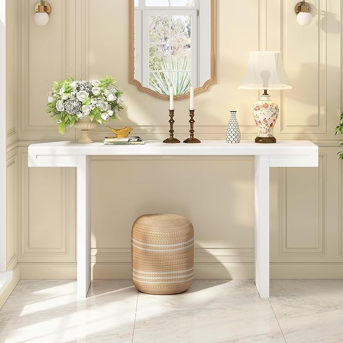 Modern U-Style Console Table, 60-Inch Black MDF Entryway Table with Geometric Design, Painted Finish, Adjustable Feet for Living Room, Hallway, 60 x 15.7 x 31.7 Inches