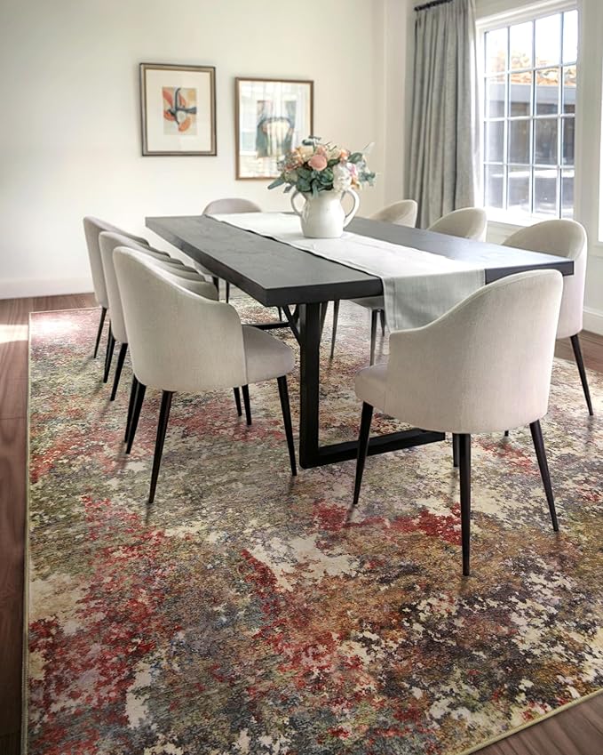 Washable Area Rug for Living Room: 5x7 Modern Abstract Neutral Soft Rug for Bedroom Dining Room No Slip Low Pile Carpet for Nursery Home Office - Red/Ivory