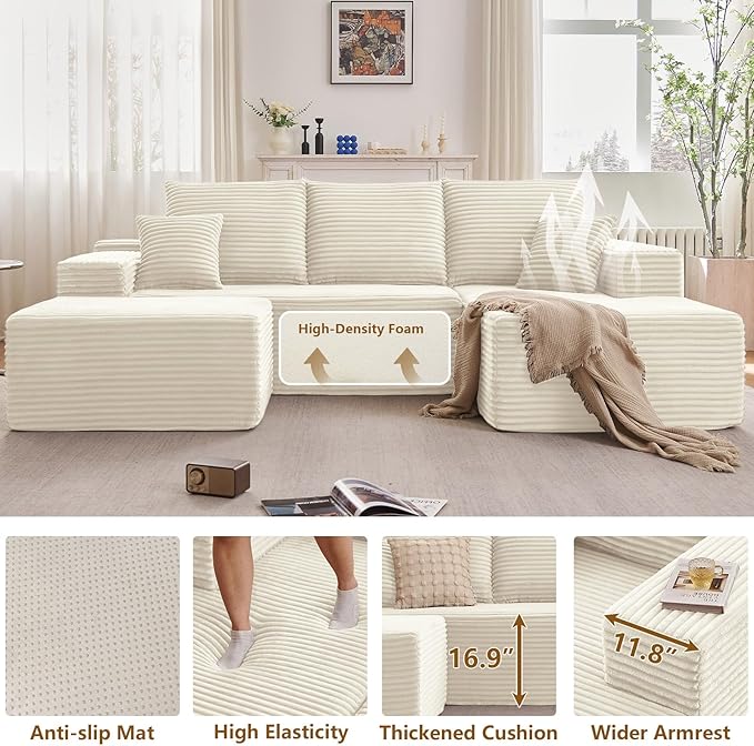 107" U-Shape Cloud Couch, Modern Modular Sectional Comfy L-Shape Sofa with Ottoman, Deep Seat, Upholstered Corduroy Sleeper Chaise Longue for Living Room Bedroom, No Assembly Required, White