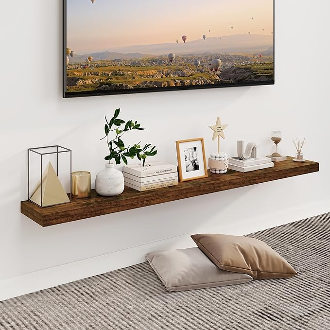 Fun Memories Floating Shelves for Wall, 55Inch Floating Shelves Set of 2, Hanging Shelf with Invisible Brackets, Wood Shelves for Living Room, Bedroom, Kitchen, Brown