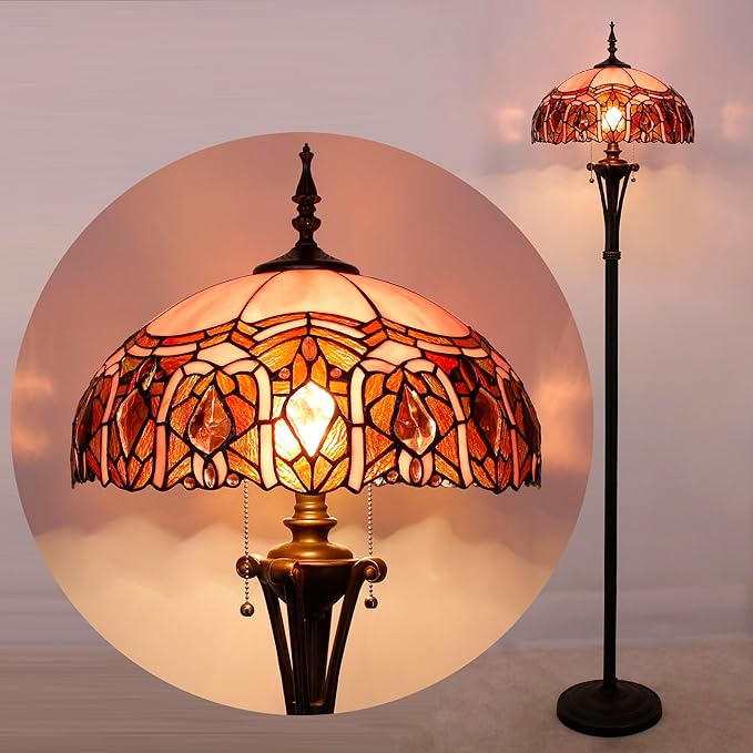 Tiffany Floor Lamp Pink Stained Glass Jewelry Standing Reading Light 16X16X70 Inches Antique Pole Corner Lamp Decor Bedroom Office Living Room