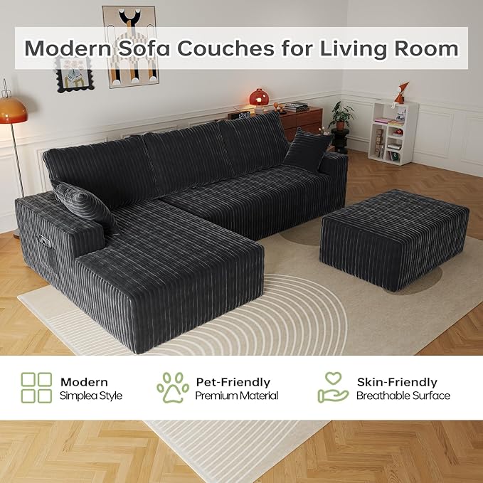 108" U Shaped Sectional Couch with Ottoman, Corduroy Modular Sectional Sofa with Deep Seat, Modern Modular L-Shape Sofa Couch with Chaise,Upholstered Boneless Couches for Living Room Bedroom