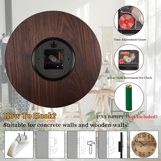 24 Inch Silent Large Wall Clock Battery Operated for Farmhouse Kitchen,Non-Ticking Retro Wall Clock with Big Numbers for Living Room,Vintage Wood Clock for Bedroom Home Country Office School