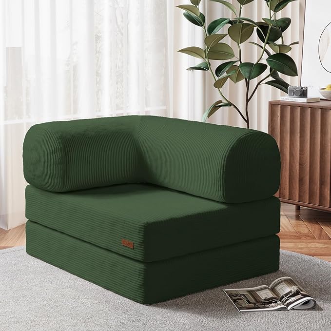 COMAX Folding Sofa Bed, Fold Out Chair Bed, Foldable Sofa, Convertible Sleeper for Adults, Futon Chair Single Small Floor Couch for Spaces, Bedroom Living Room Guest Room, Green
