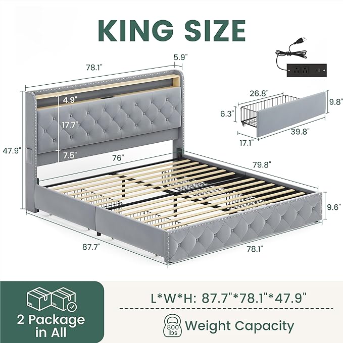 LARMACE King Size Bed Frame Velvet Upholstered LED Tufted King Platform Bed and Headboard with 4 Storage Drawers&USB Type-C Charging Station,No Box Spring Need/Noise Free,Easy Assembly,Bluish Grey