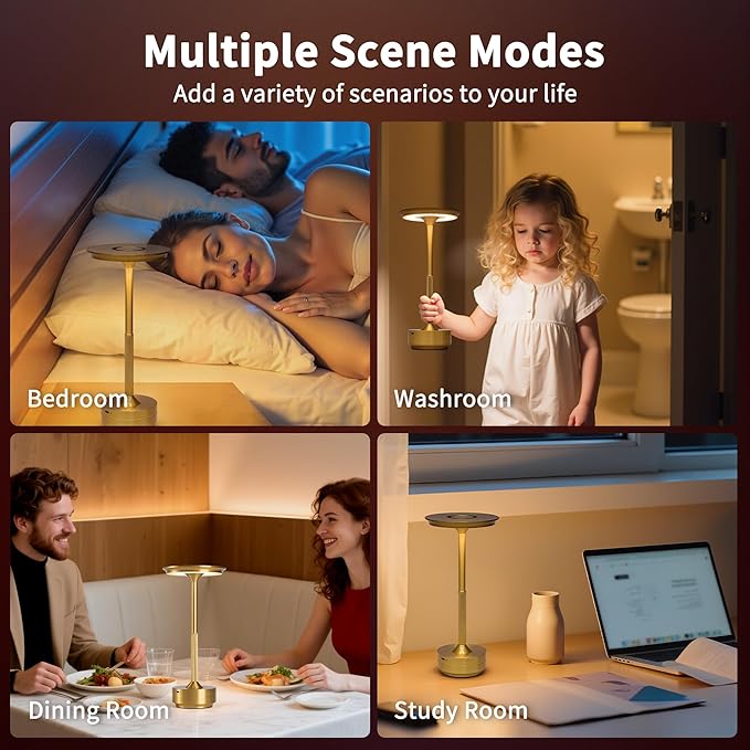 Gold Brushed LED Desk Lamp with Touch Control, 3 Color Modes, Dimmable, Built-in 5200mAh Battery, Eye-Friendly Flicker-Free Lighting, USB Type-C, Non-Slip Base