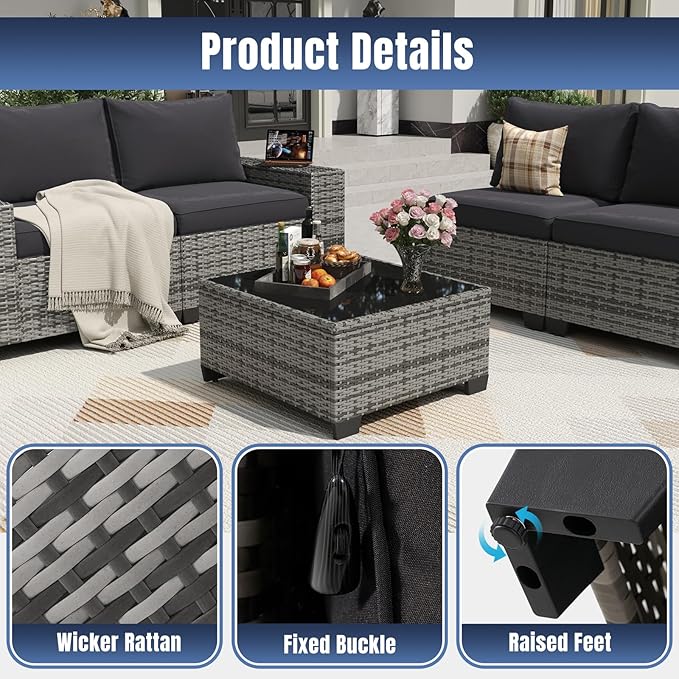 Aoxun 13 Pieces Patio Furniture Set with 44” Fire Pit Table Wicker Rattan Outdoor Sectional Conversation Set with Coffee Table and 4” Thickened Cushions, Gray/Black(Waterproof Cover Included)