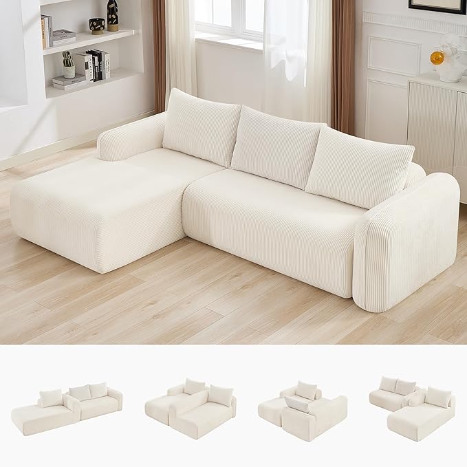 103'' Boneless Corduroy L Shaped Couch, 3 Seat Modular Sectional Deep Seat Sofa with Chaise Lounge, No Assembly Cloud Lounge Sleeper Sofa, White
