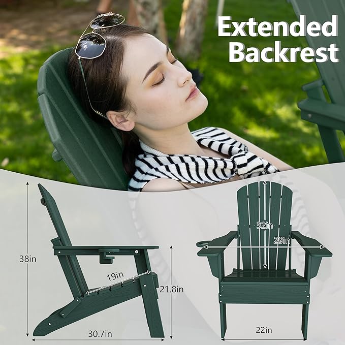Plawdlik Folding Adirondack Chair, SGS Tested, Wooden Textured with Cup Holder, Heavy All-Weather HDPE Comfortable Set Poolside Backyard Lawn Green