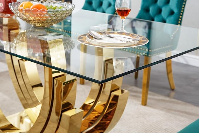 70 ''Glass Dining Table,Rectangle Glass Kitchen Table w/Tempered Glass Tabletop and Stainless Steel Base, Modern Glass Dining Room Table for Home, Kitchen, Dining Room