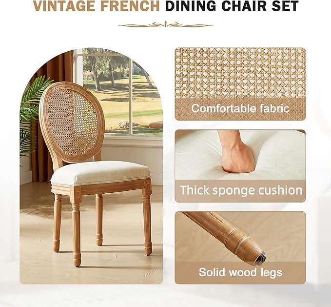 Nrizc Farmhouse Fabric Dining Room Chairs Set of 6, French Chairs with Round Back, Rattan Dining Chair, Oval Side Chair for Dining Room/Kitchen/Restaurant