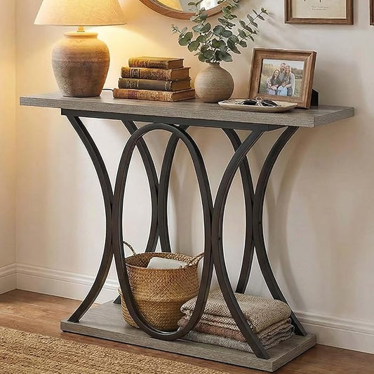 BedsPick Entryway Console Table, 40 Inch Narrow Wood Hallway Table Foyer Table Behind Couch, Sofa Table with Metal Legs and 1.18 Thick Board (Grey)
