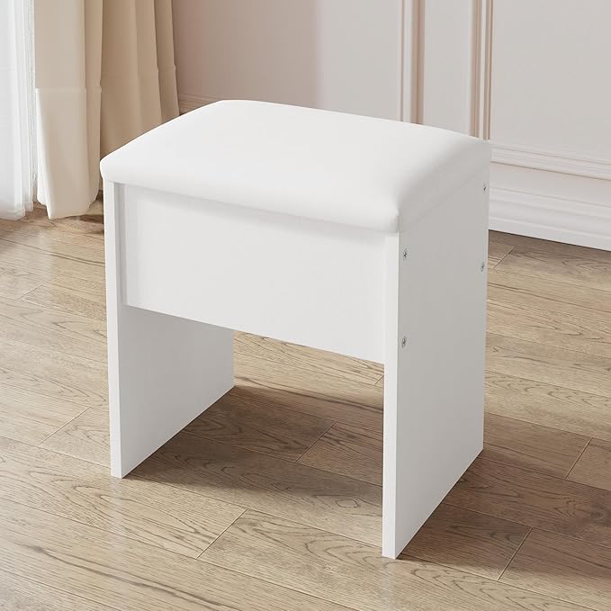 Small Makeup Vanity Stool,15.7" W x 10.2" D x 16.7" H，White（Easy Assembly,PU Cushion Mat, Footstool）