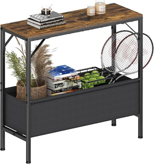 Small Console Table with Storage Basket, 31.5'' Couch Table Behind Sofa, Entryway Table, Narrow Console Table, Sofa Table, Display Table for Hallway, Foyer, Living Room, Rustic Brown