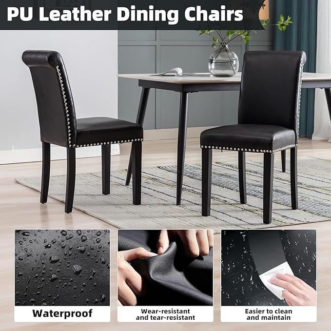 Westice Dining Room Chairs Set of 6 Upholstered PU Leather Kitchen Chairs Dining Room Side Chair with Nailhead Trim and Rubber Wood Legs for Small Space Apartment, Black
