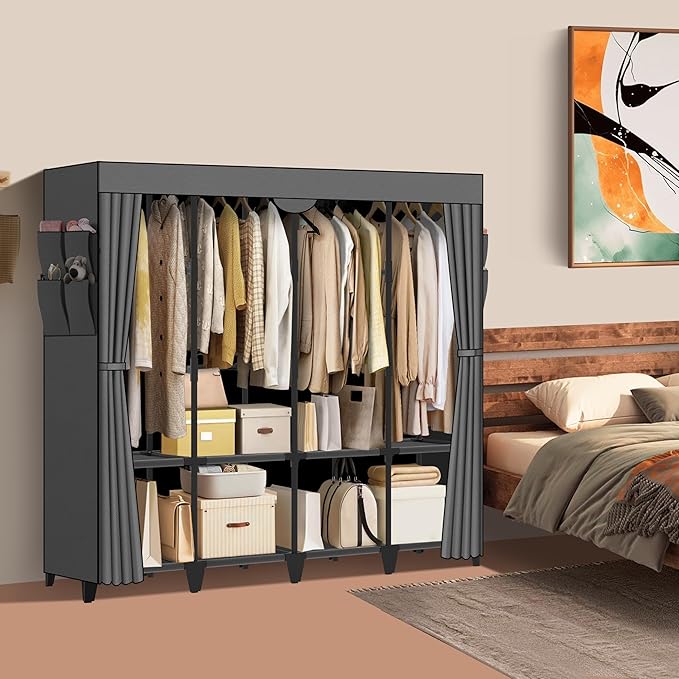Wardrobe Closet, Quick and Easy Assembly, Gray Large Capacity Portable Closet with 4 Hanging Rods 8 Storage Shelves and 8 Side Pockets, Clothes Rack with Cover, for Bedroom and Living Room