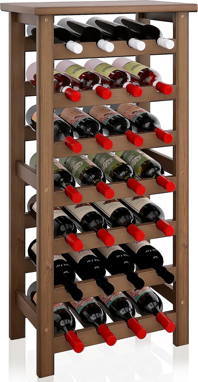 SMIBUY Bamboo Wine Rack, 28 Bottles Display Holder with Table Top, 7-Tier Free Standing Storage Shelves for Kitchen, Pantry, Cellar, Bar (Walnut)
