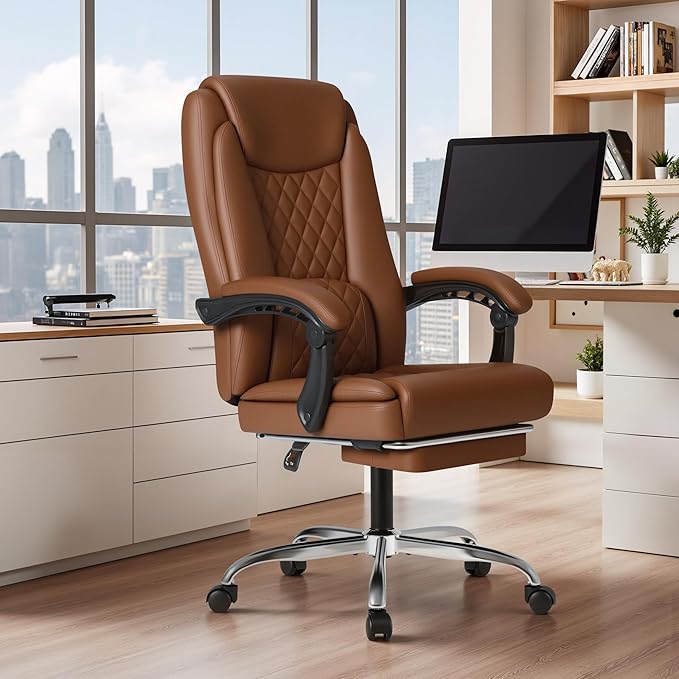 Furmax Office Chair with Footrest Ergonomic High Back Design Executive Computer Desk Chair400lbs, 90-135° Reclining Leather Home Office Desk Chairs Swivel Task Chairs with Wheels (Brown)