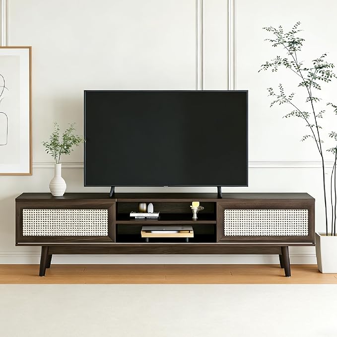 65" TV Stand with Open Shelf & Generous Storage, Rattan-Door Sideboard for TVs up to 75 Inch, Modern Accent Cabinet for Living Room, Dark Walnut