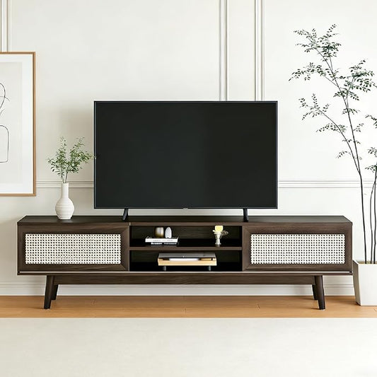 65" TV Stand with Open Shelf & Generous Storage, Rattan-Door Sideboard for TVs up to 75 Inch, Modern Accent Cabinet for Living Room, Dark Walnut