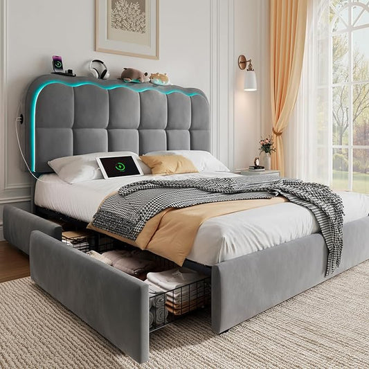 Full Size Bed Frame with 4 Storage Drawers and LED, Adjustable Clouds Headborad, Velvet Upholstered Platform Full Bed Frame with Charing Station, Wood Slats Support, No Box Spring Needed,Grey