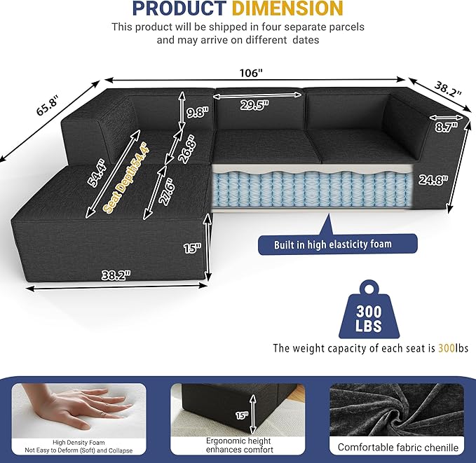 106" Sectional Compressed Sofa Modular Couches L-Shape with Chaise,High-Density Foam No Assembly Required,4-Piece(2xCorner 1xArmless 1xOttoman) for Living Room Chenille Dark Grey