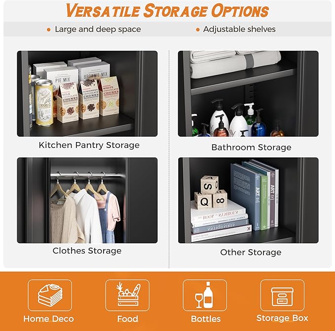 INTERGREAT Metal Wardrobe Closet, 72" Black Locking Storage Wardrobe Cabinet with Locking Doors and Adjustable Shelves, 18" D x 36" W Tall Steel Clothes Storage for Office, Home, School, Gym