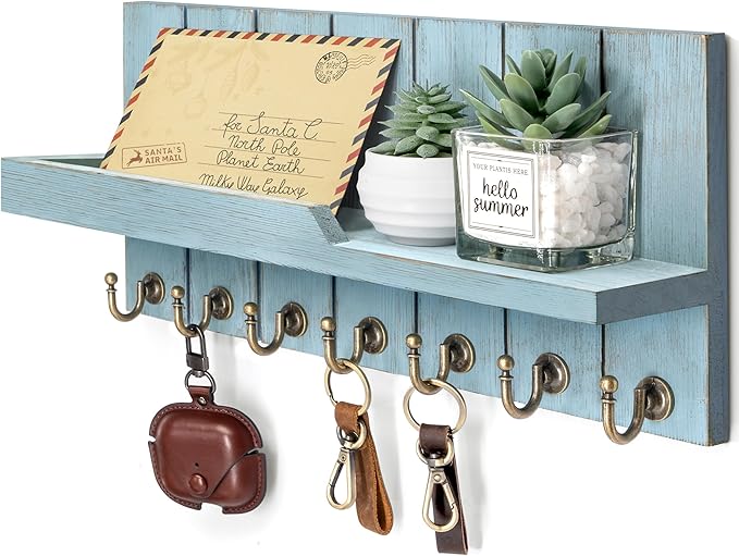 Rebee Vision Decorative Key Holder Wall Mount - Modern Farmhouse Key and Mail Holder for Wall with Shelf and 7 Key Hooks for Mail Organizer - Mid Century Aesthetic Room Decor (Distressed Blue)