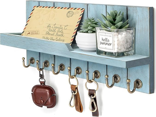 Rebee Vision Decorative Key Holder Wall Mount - Modern Farmhouse Key and Mail Holder for Wall with Shelf and 7 Key Hooks for Mail Organizer - Mid Century Aesthetic Room Decor (Distressed Blue)