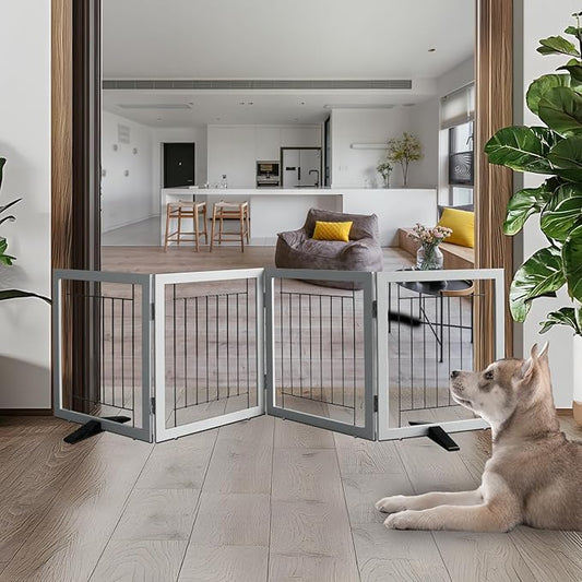 ZJSF Freestanding Dog Gate Indoor, Foldable Dog Fence for Doorways,Hallways or Stairs, Sturdy Wood Extra Wide Pet Gate with Support Feet,Grey,24 "Height-4 Panels