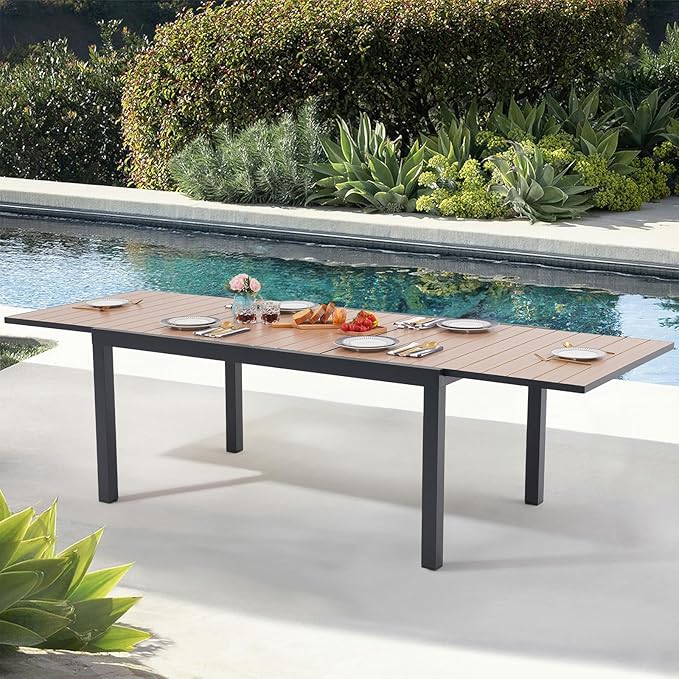 Soleil Jardin Aluminum Patio Extendable Dining Table, 63" - 105", Adjustable Indoor Outdoor Furniture Rectangle Table w/Thermal Transfer Wood Grain Tabletop for 6-10 Person Porch Deck Garden, Black