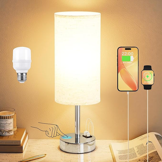 Dicoool Touch Table Lamp for Bedroom Nightstand - Bedside Lamp with USB-C USB-A Charging Ports White, 3 Way Dimmable Small Desk Lamp for Bedroom, Dorm Room, Office, Living Room, Reading, Bathroom
