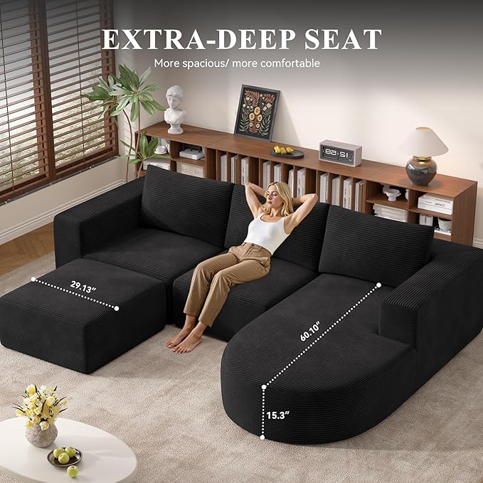 Boneless Couches for Living Room 104",Modular Sectional Sofa with Ottoman,Cloud Couch in a Box,Sponge Compression U Shaped Sofas with Chaise No Assembly Required(Black-Corduroy Fabric) 1pcs
