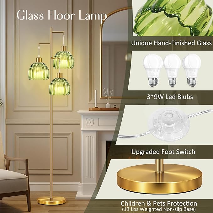 COTTHOS Gold Floor Lamp for Living Room, Modern Standing Lamp Brass Glass Green Tree 3 Light Tall Floor Lamps for Bedroom & 800 Lumens LED Bulbs, Vintage Flower Lamp Shade Farmhouse Boho Bohemian