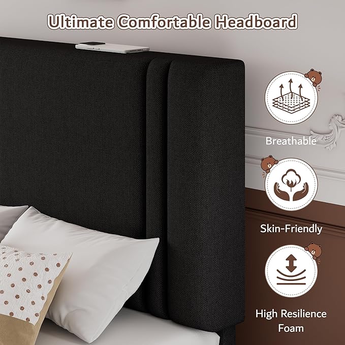 iPormis Twin Platform Bed Frame with Fabric Upholstered Headboard & Thickened Legs, Mattress Foundation with Solid Wooden Slats Support, No Box Spring Needed, Noise Free, Black