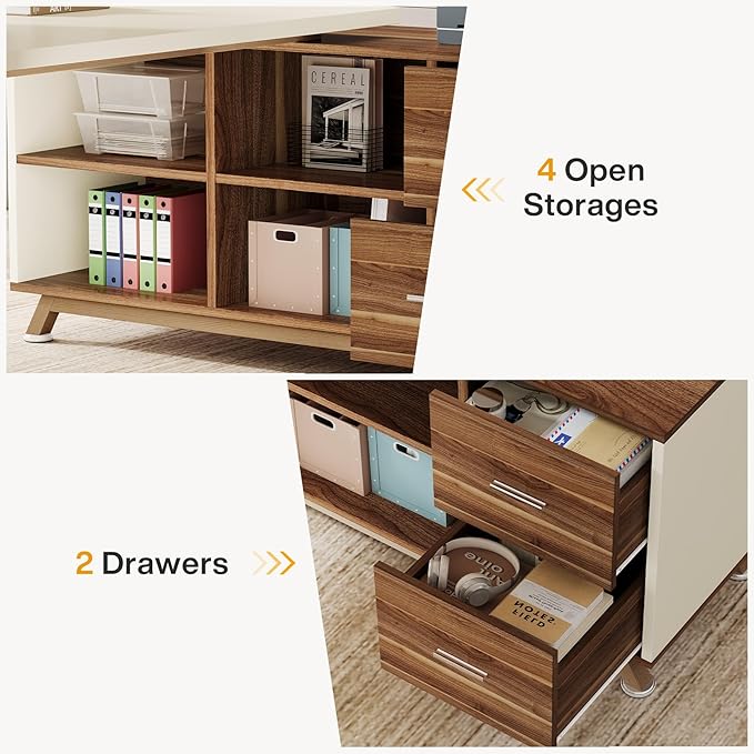 Tribesigns 78.7-Inch Executive Desk, L-Shaped Desk with 55-Inch Cabinet, Large Office Desk with Storage Shelves, Modern Computer Desk for Home Office, White & Walnut