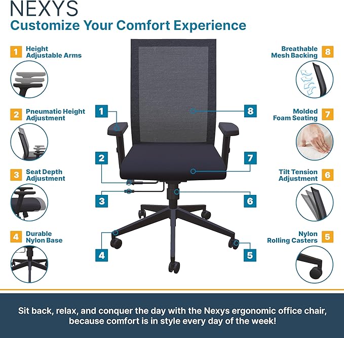 Nexys Home Office Desk Chair, Adjustable Tilt, Height Adjustable Armrests, High Mesh Back Variable Height, Rolling Work Swivel Chairs with Wheels, Comfortable for Long Hours, Onyx | Vinyl
