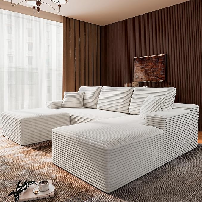 3-Piece Boneless Modular Sectional Sofa, Cloud Couch, Right Facing Chaise with Ottoman, Oversized Deep Seat, Soft Corduroy Fabric, Sectional Couch for Living Room-White