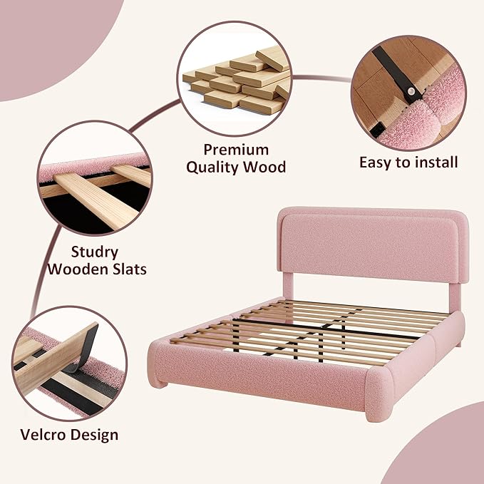 Queen Boucle Platform Bed Frame with Height Adjustable Headboard, Modern Upholstered Cloud Bed, Sleek Curved Design, No Box Spring Needed, Easy Assembly, Noise Free, Pink