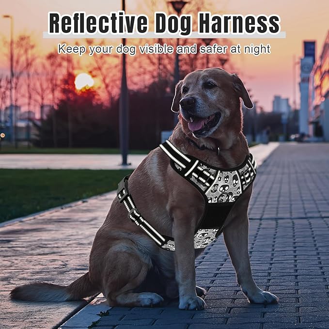 Rnivvi No Pull Dog Harness, Cute Reflective X-Large Sized Puppy Harness, Adjustable Soft Padded Vest for Large Dogs, Heavy Duty Pet Vest with Easy Control Handle for Walking Training, Black Skull