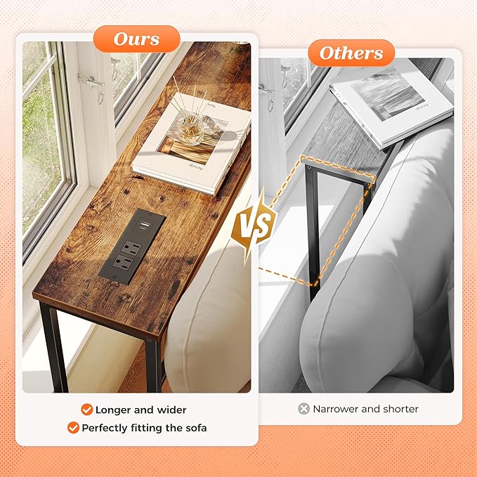 SUPERJARE 102.4 Inch Sofa Table with Power Outlets and USB-C Port, 5.9 Inch Narrow Console Tables, Entryway Hallway Couch Tables with Storage, Behind Sofa, Small Spaces, Living Room, Rusitc Brown
