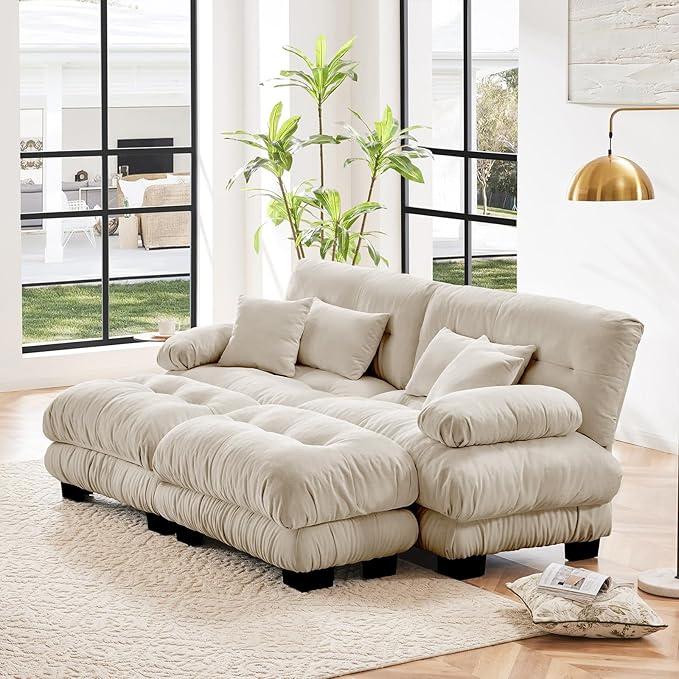 94.4" Loveseat Sofa, 2 Seater Modular Sectional Sofa, Beige Large U Shaped Sectional Couches, Fluffy Chenille Cloud Couch with Ottoman, Deep Seat for Living Room