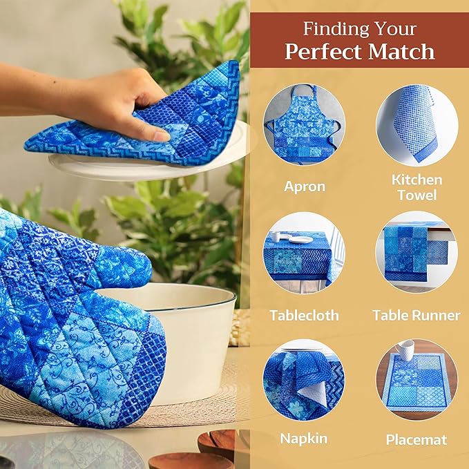 Maison d' Hermine Pot Holders 100% Cotton Heat Resistant Potholders 8" x 8" Hot Pads with Loop BBQ, Cooking, Baking, Grilling, Kitchen, Handling Hot Pans Spring/Summer (Pack of 1, Indigo Love)