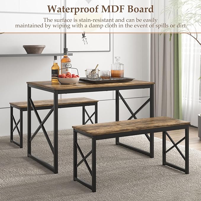 VECELO Kitchen Dining Table Benches Set for 4, 43.3" Wooden Dinette with 2 Benches, Heavy-Duty Dining Room Table for Small Space, Breakfast Nook, Brown