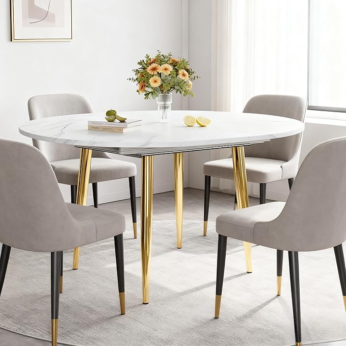 42"-54" Round Extendable Dining Room Table for 4–6, White Faux Marble & Wood Grain Top with Gold Metal Legs, Modern Luxury Oval Dining Room Table, Space-Saving Kitchen Table, Easy Assembly